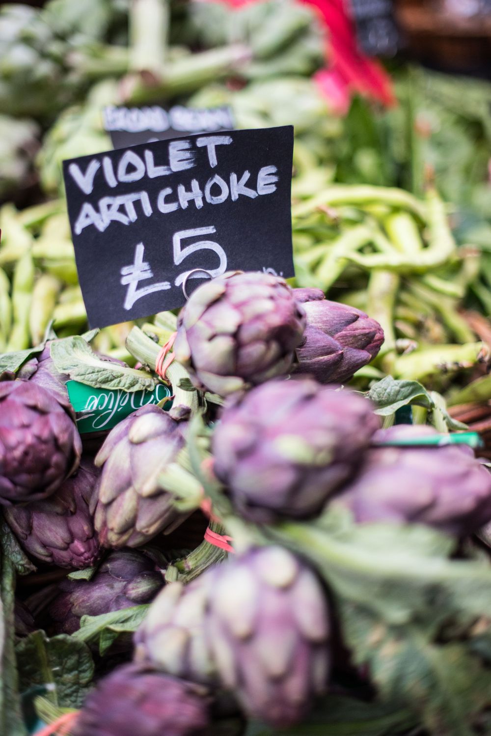 Violet artichoke display at Borough Market, London