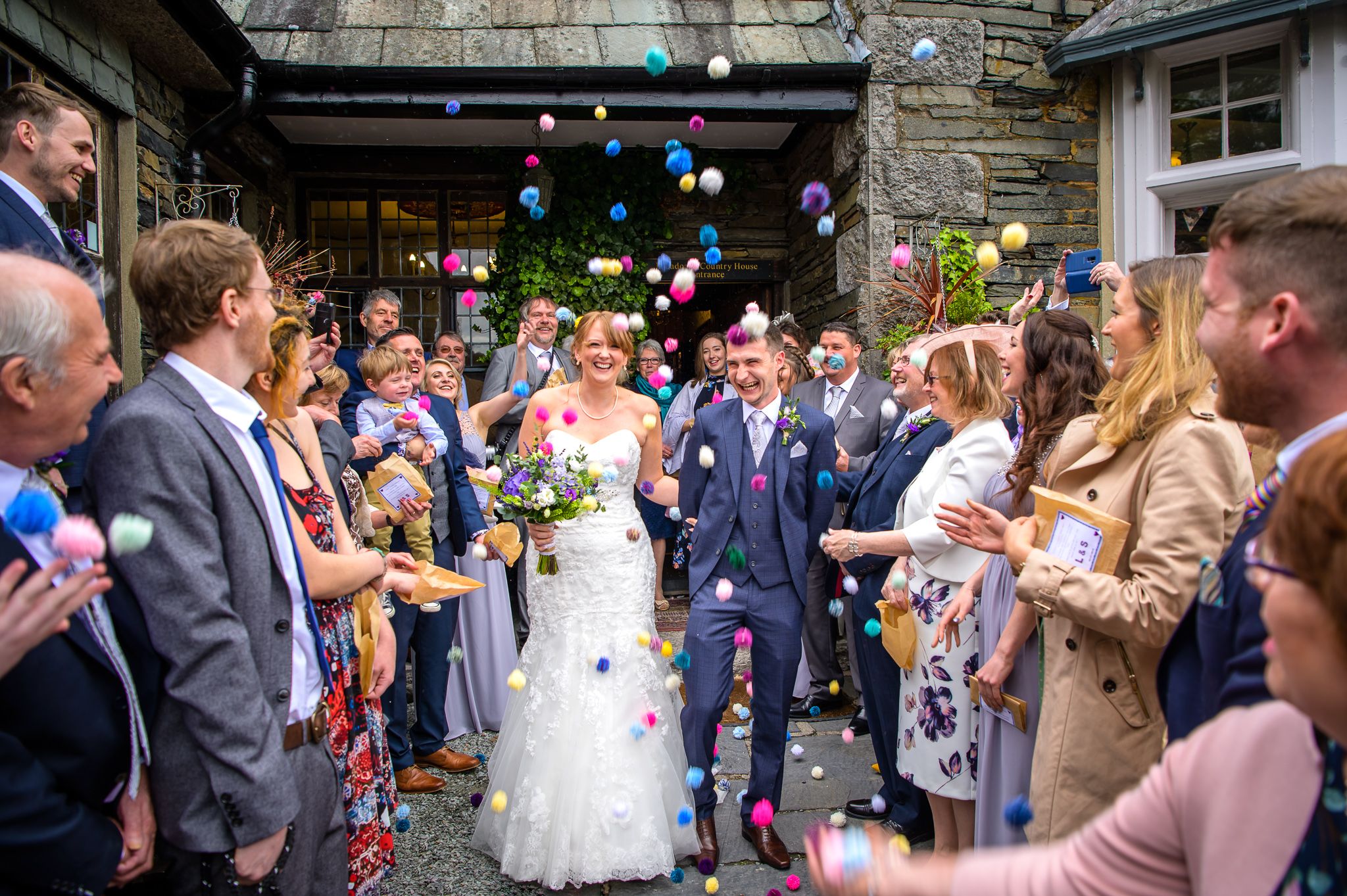 Pom pom confetti shower at Broadoaks Hotel near Windermere