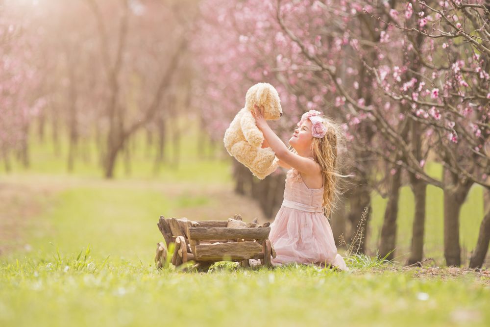 family photography girl holding teddy in flowering orchard
