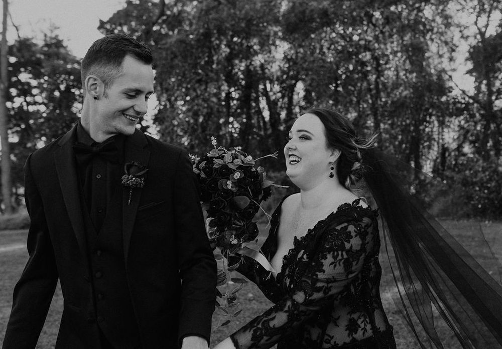 Black Wedding Dress, Bride & Groom, Dark & Moody Wedding