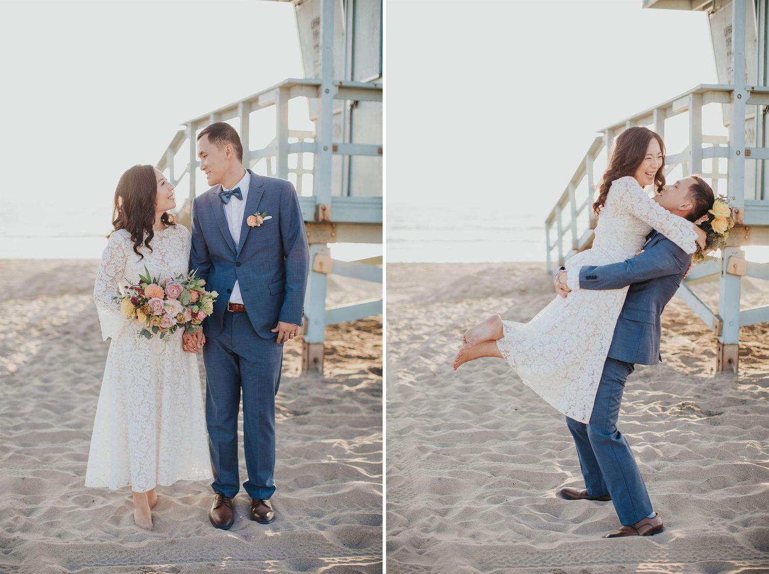 bride & groom near lifeguard tower at verandas manhattan beach