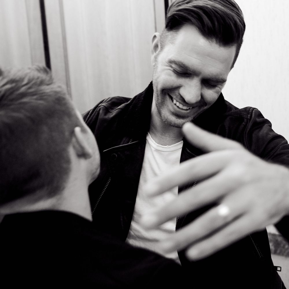 Andy Grammer giving Hunter Hayes a hug back stage in Nashville, TN. Photo by Joel Alexander