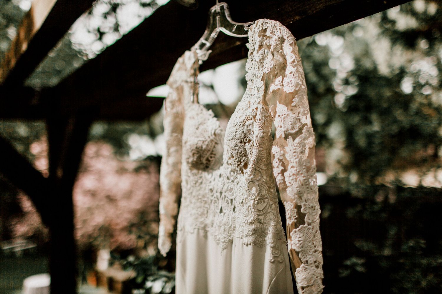 close side angle of wedding dress hanging
