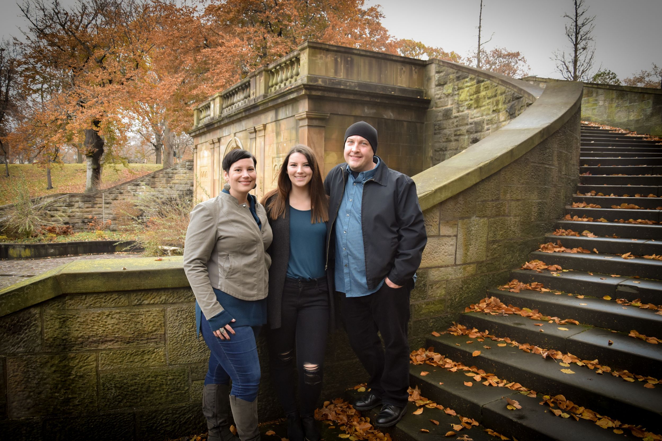 family in front of Italian Garden, Cleveland Cultural Gardens, Ohio