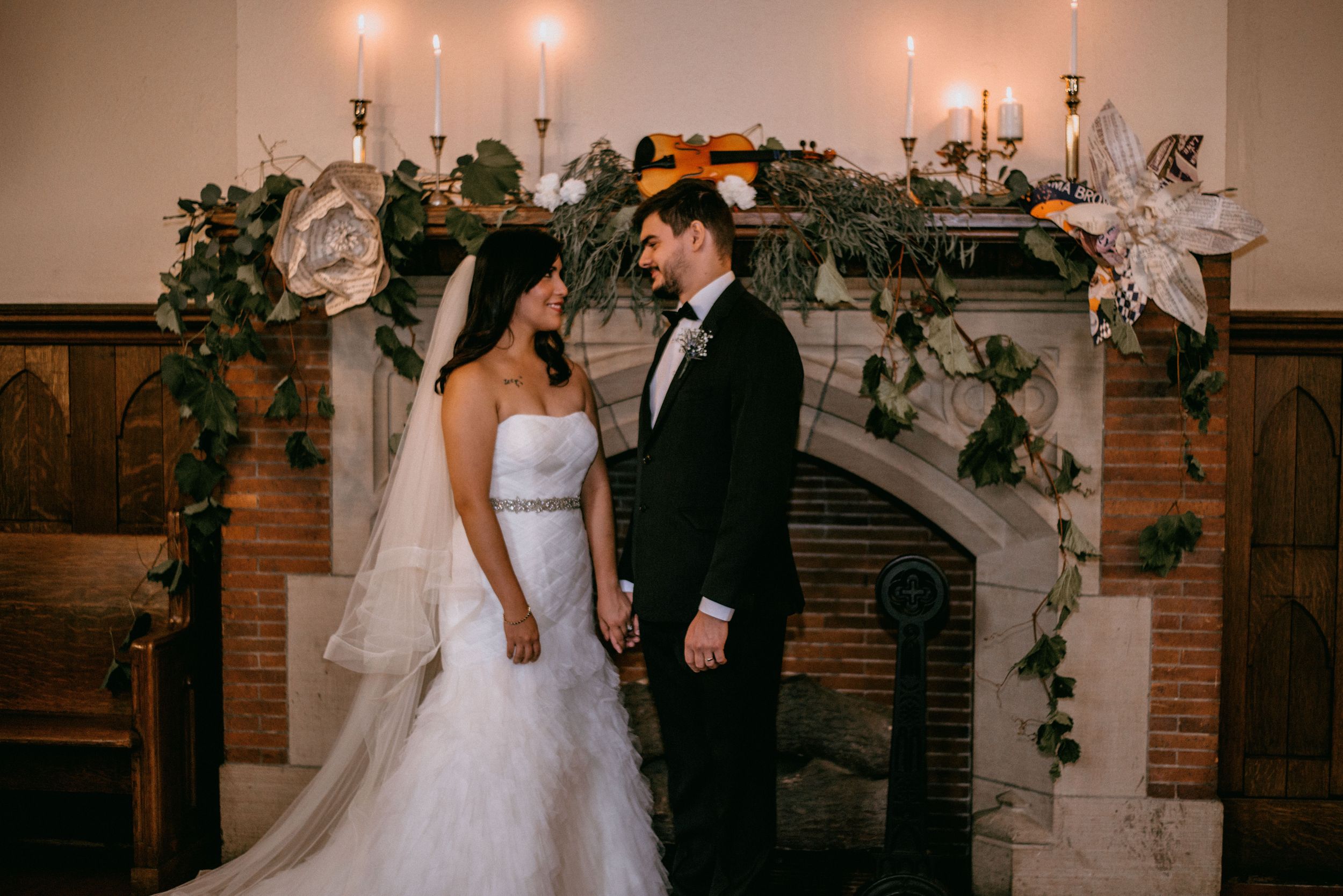 wedding fireplace photo in front of Harkness Chapel fireplace, Case Western Reserve University, Cleveland