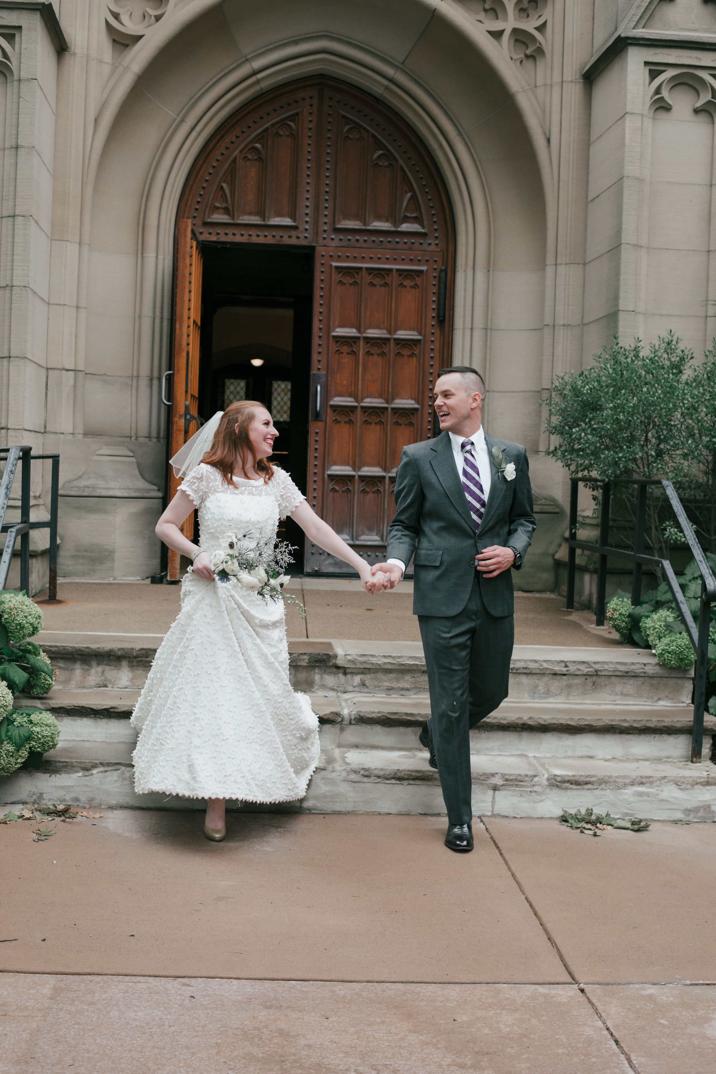 bride and groom exit Harkness Chapel, Case Western Reserve University, Cleveland