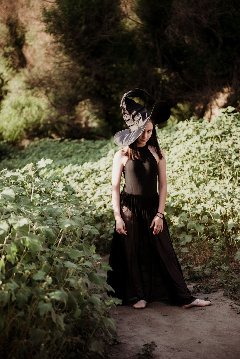 Girl posing in a witch costume with her hat covering her face for a Halloween photoshoot in Three Rivers CA