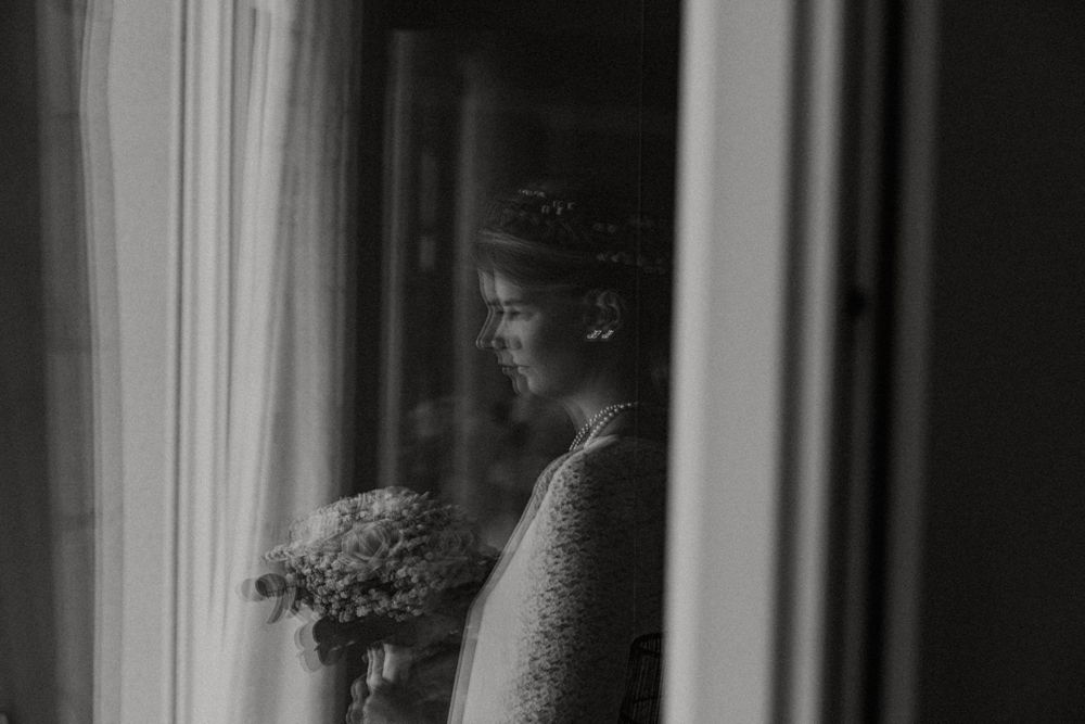 reflection of a bride in black and white portrait