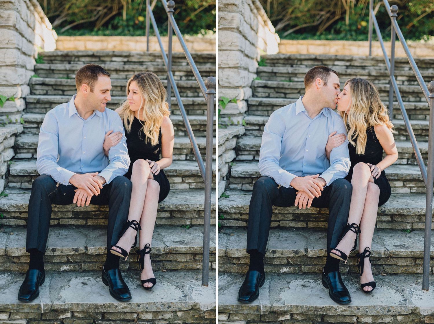 engaged couple sitting on stairs