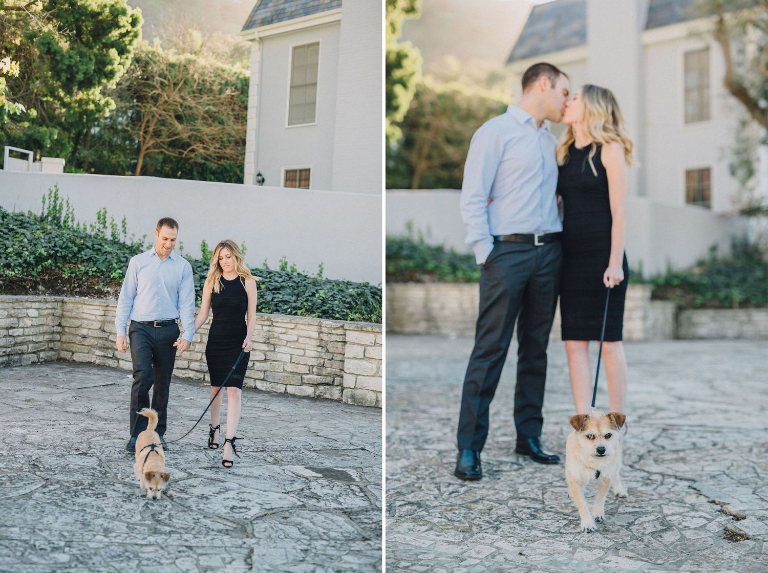 engaged couple walking their dog