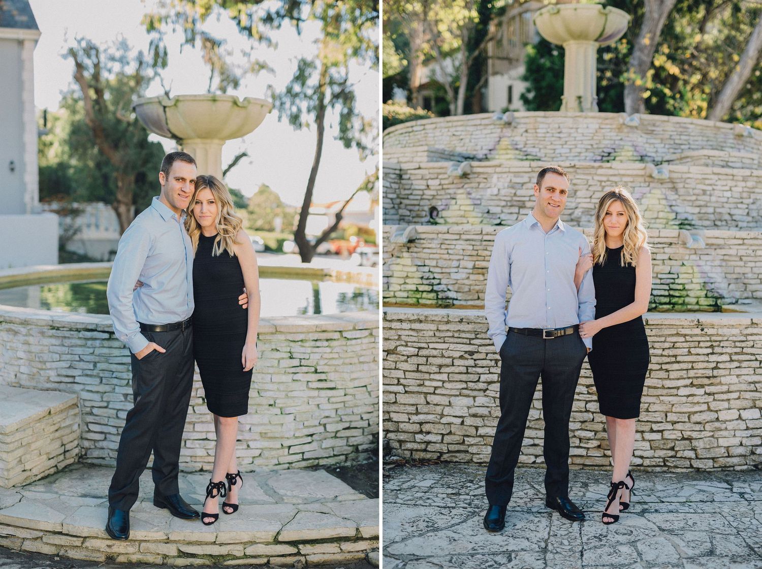 engaged couple in front of fountain