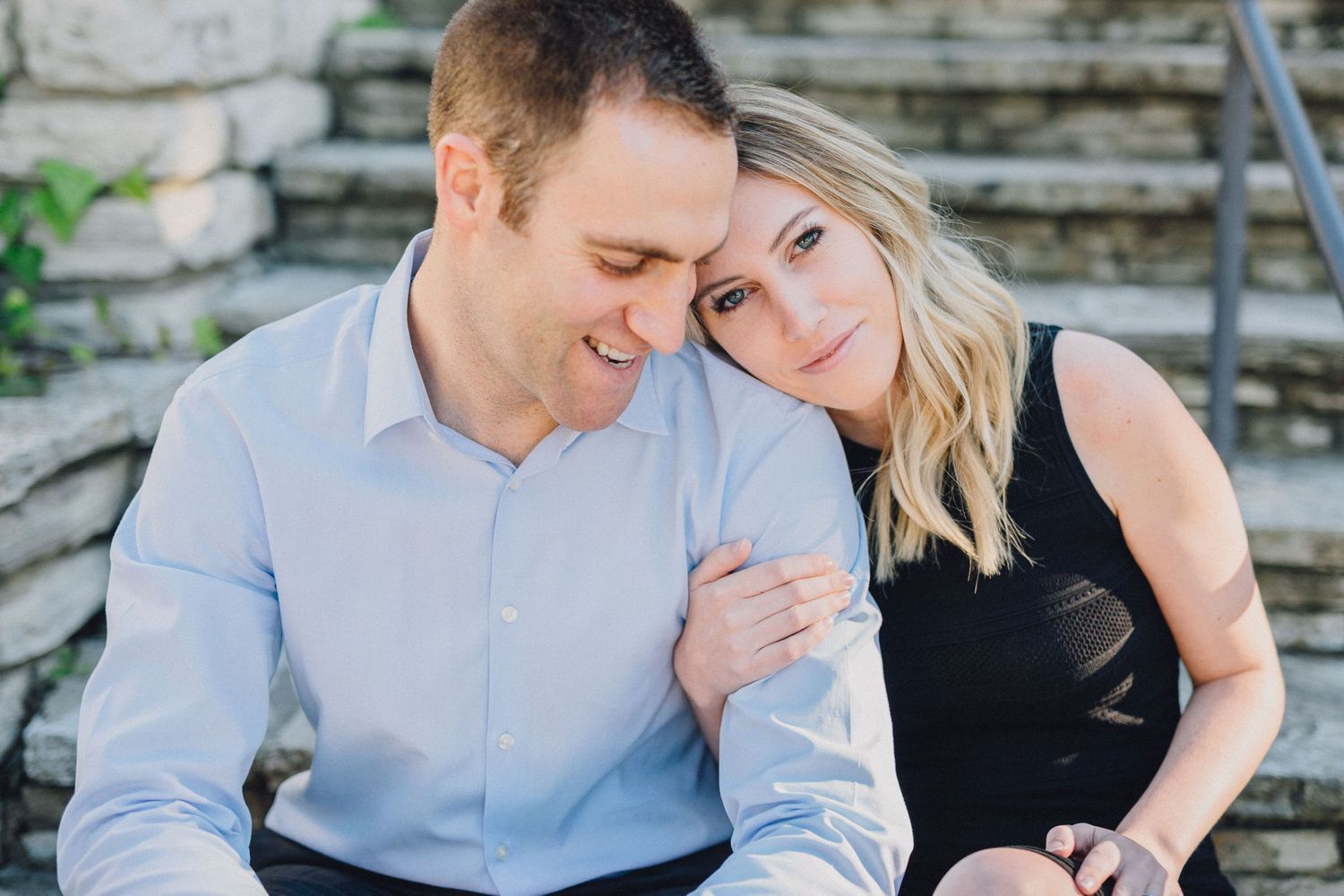 couple on stairs engagement photo