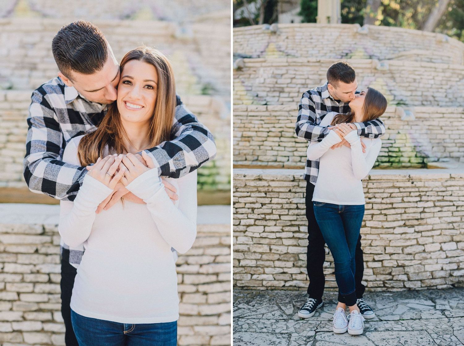 engagement photo in front of brick fountain