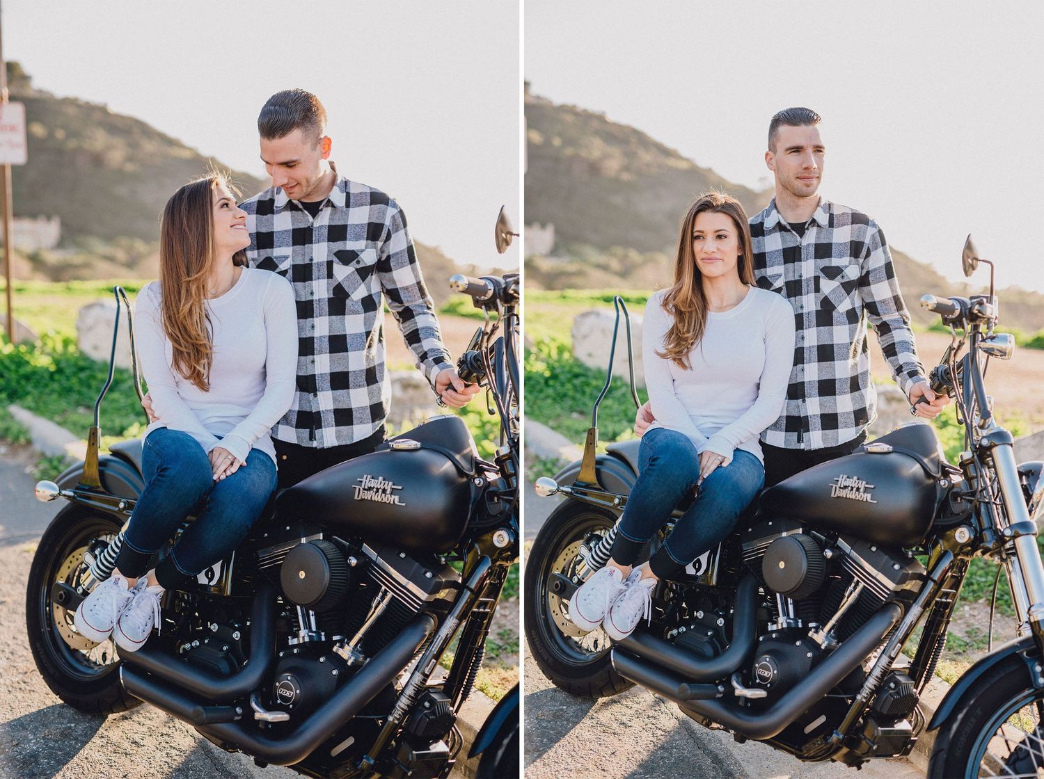 engagement photo on harley motorcycle