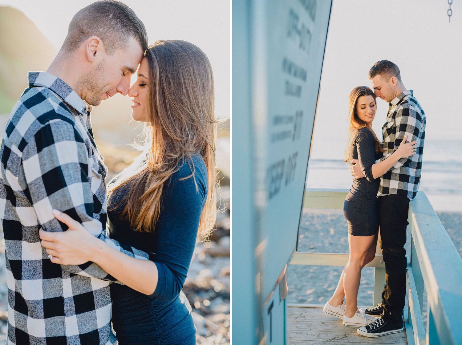 engagement photo on lifeguard tower at sunset