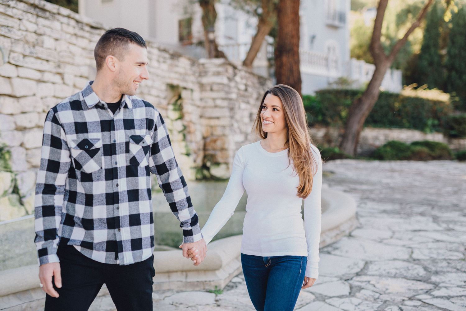 couple walking engagement photo