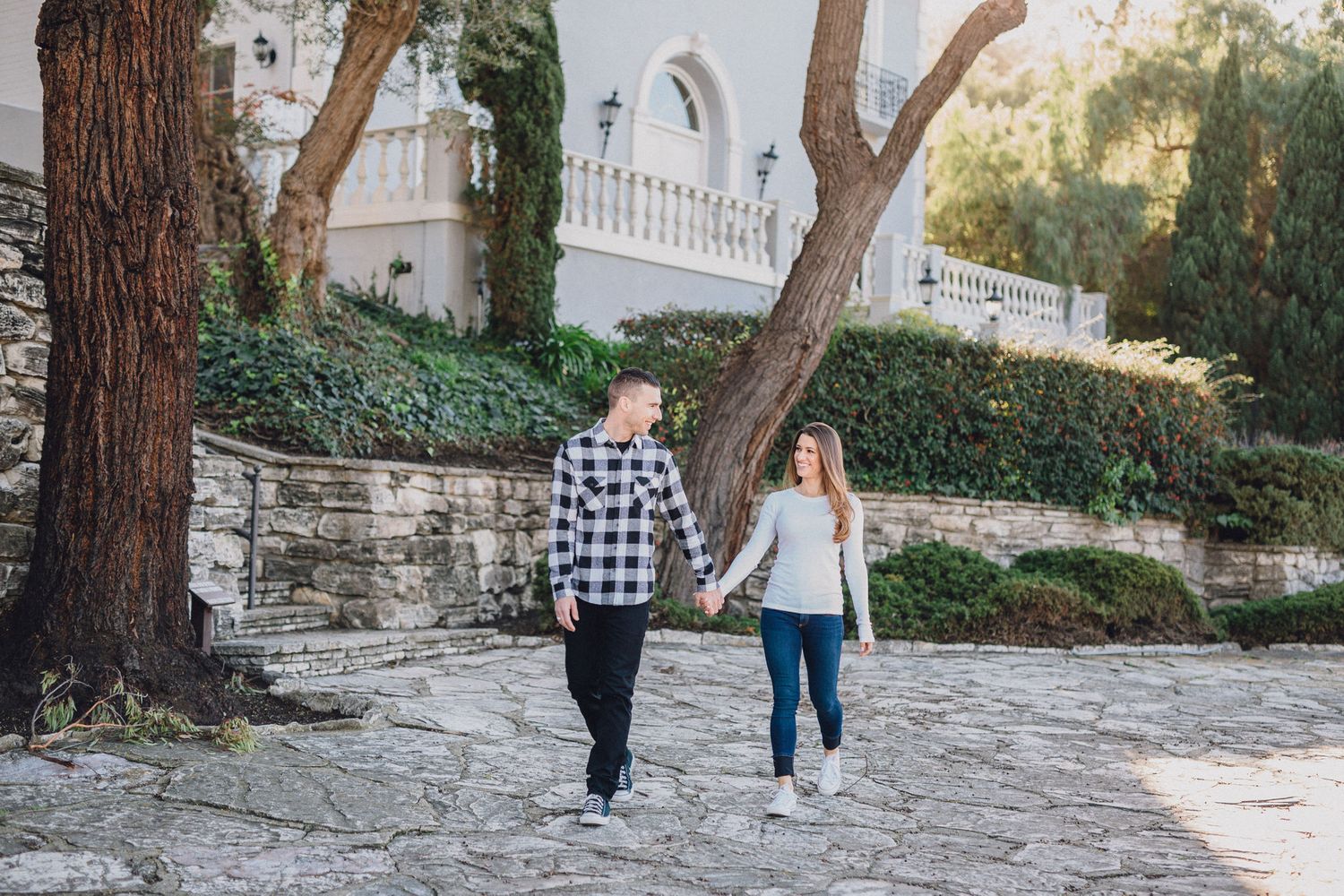 couple walking engagement photo