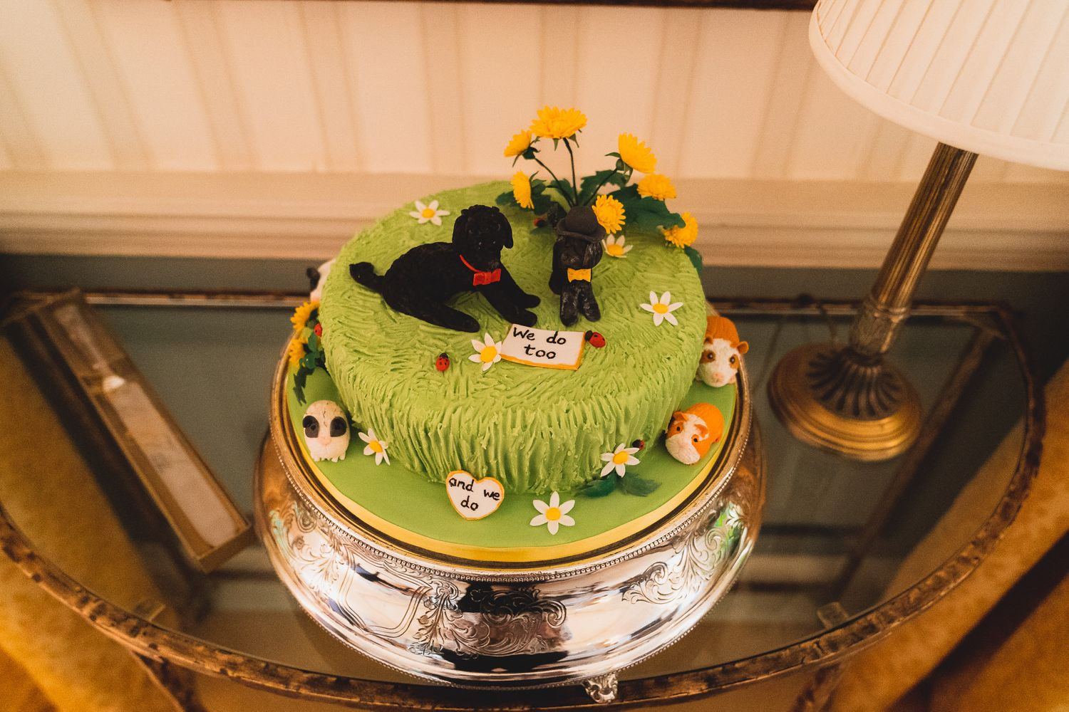 Wedding cake with icing schnoodles and guinea pigs.