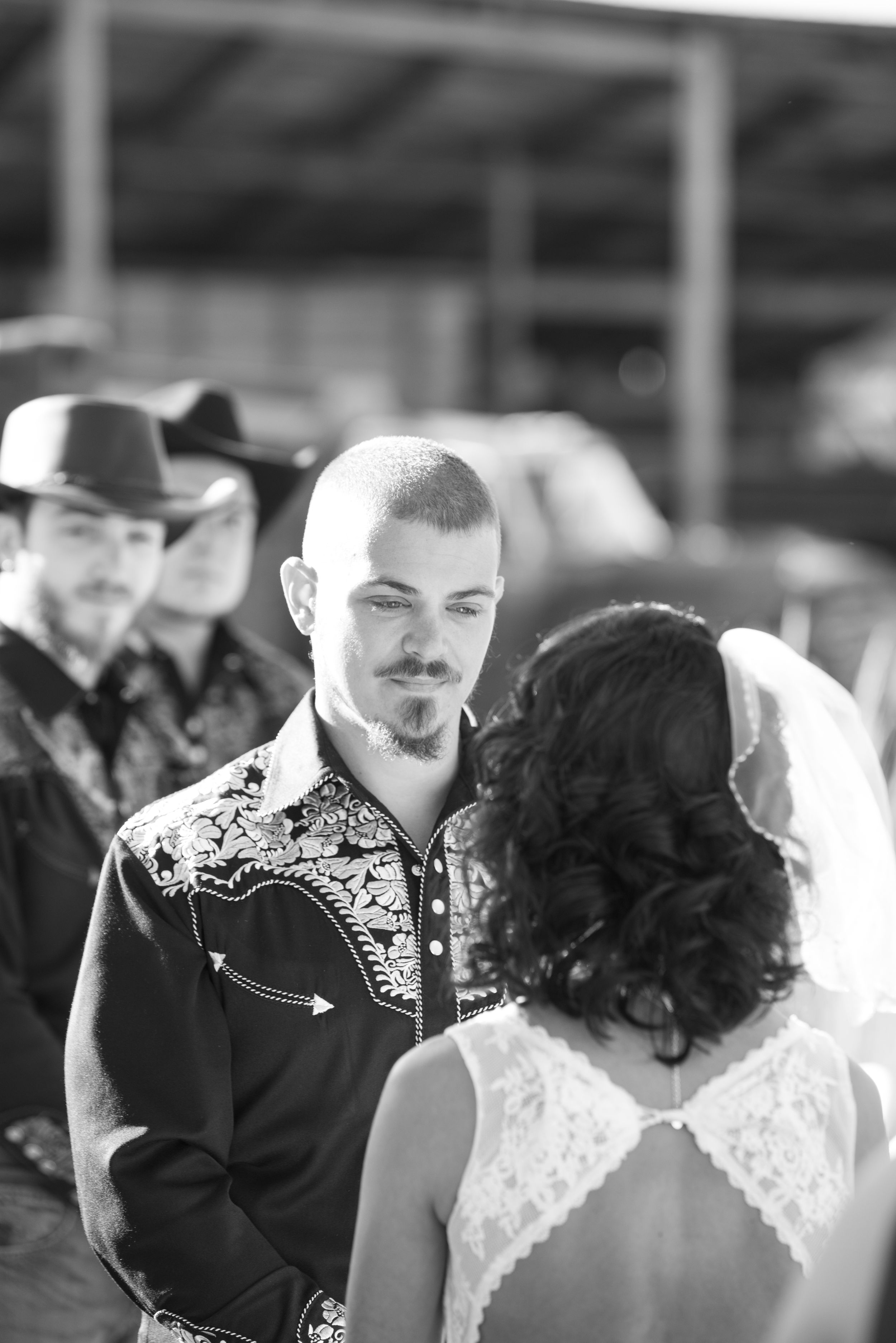 groom Western shirt, bride in David's Bridal gown, White Birch Barn, Medina, Ohio