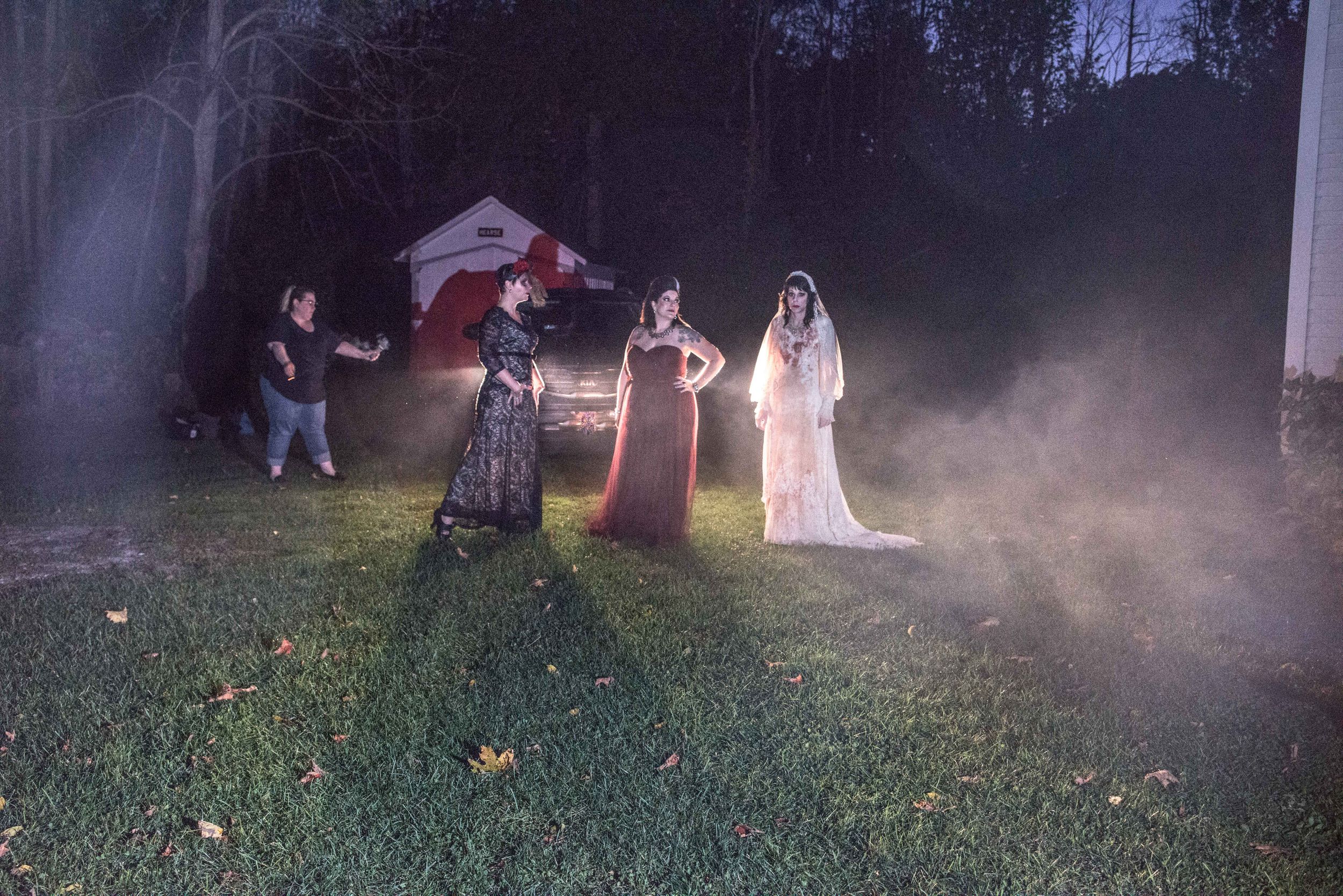 halloween smokebomb photoshoot at Frostville Museum Church