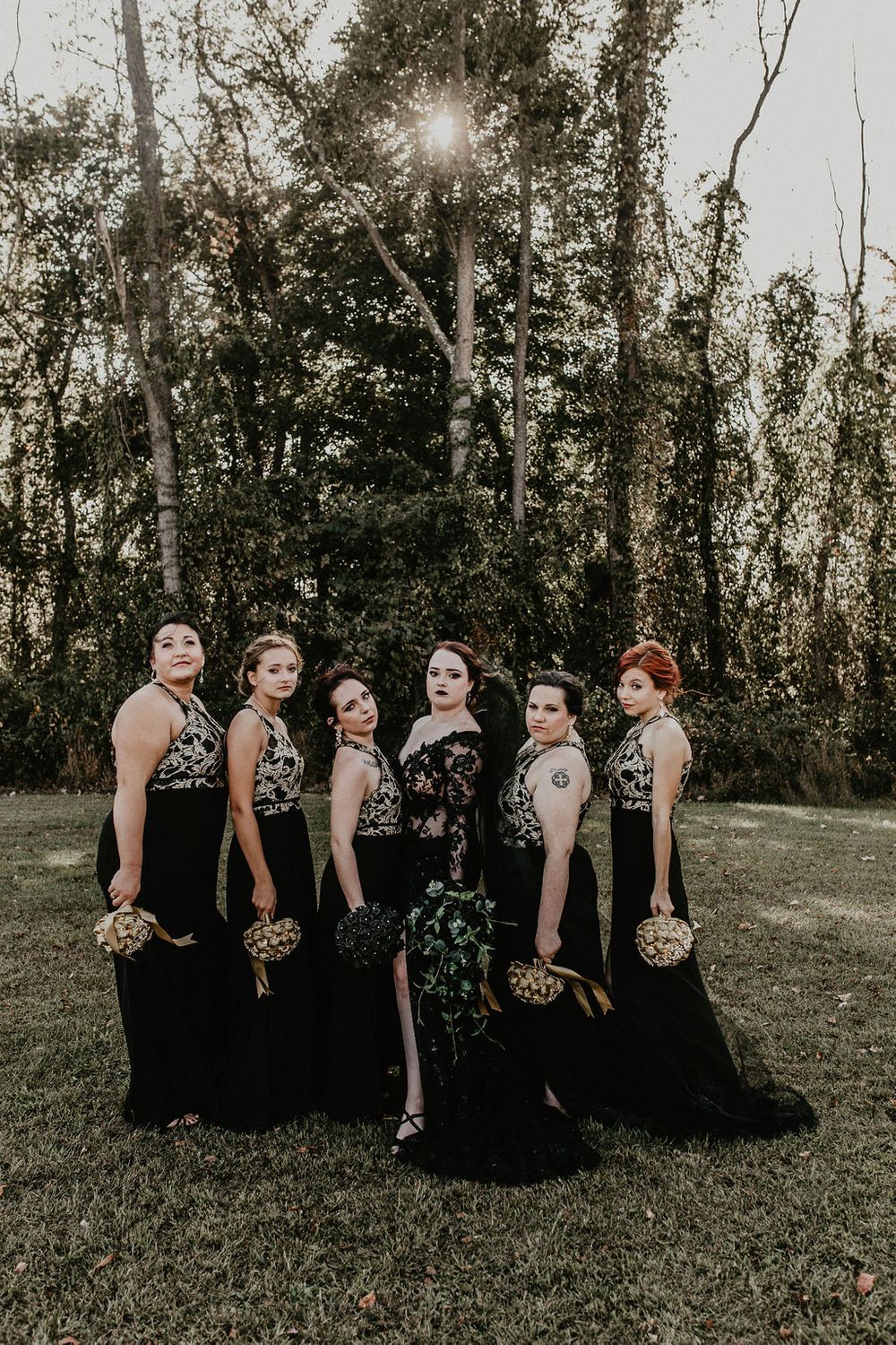 black wedding dress, dark and moody, bridesmaids