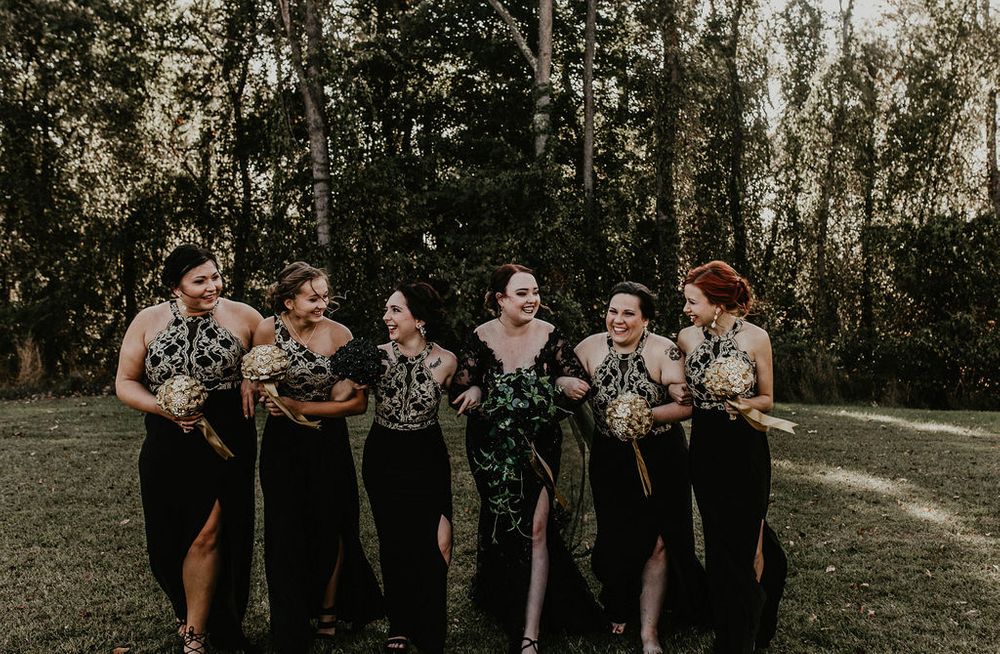 Black wedding dress, bridesmaids, dark and moody