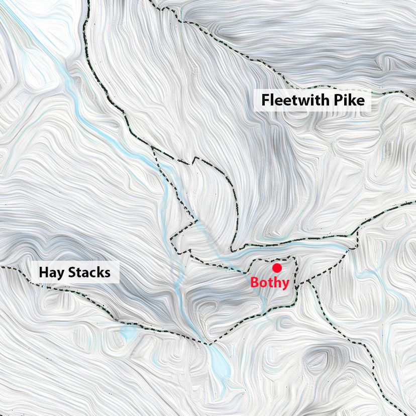 Location map of the Warnscale Head Bothy (bothy marked as a red dot)