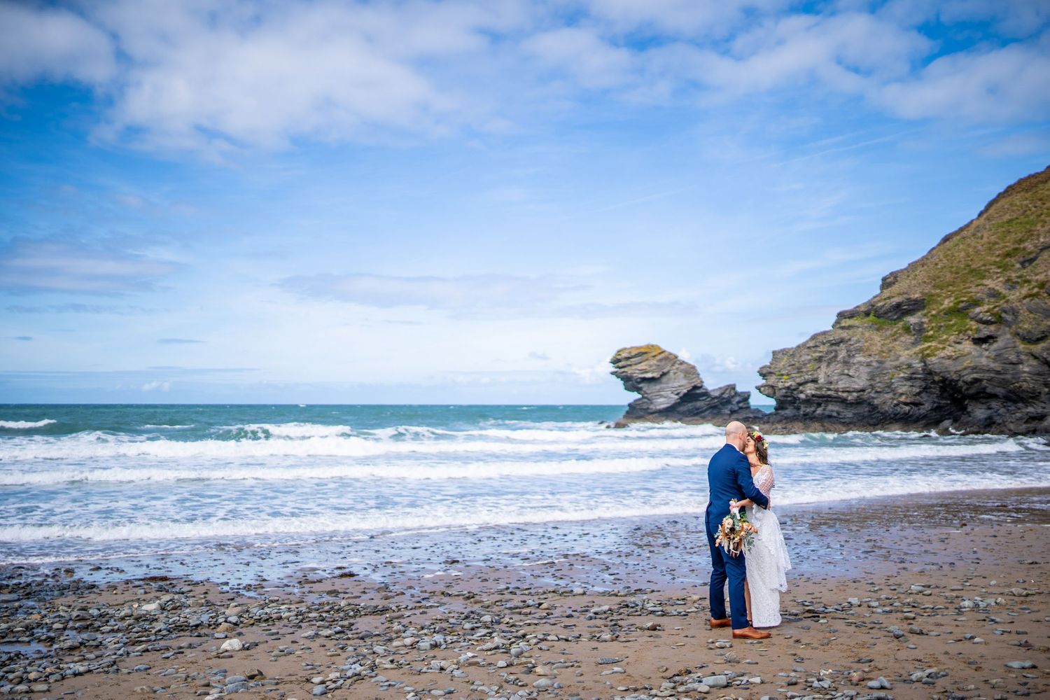 Wedding couple at Llangranog beach