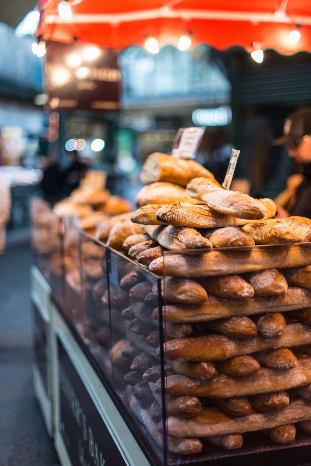 Bread vendor display at Borough Market, London