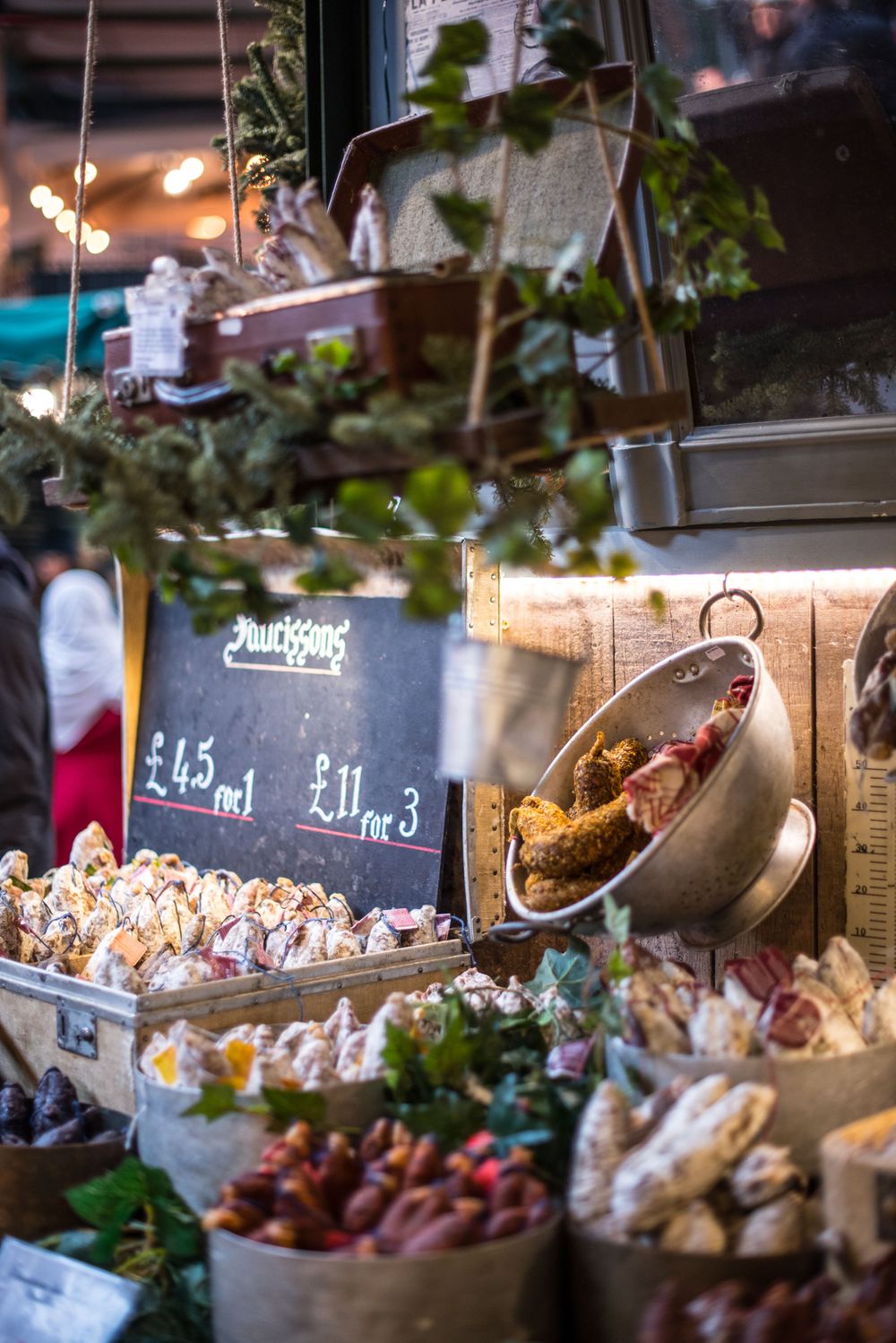 Sausage vendor display at Borough Market, London