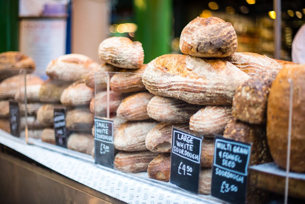 Bread display at Borough Market, London