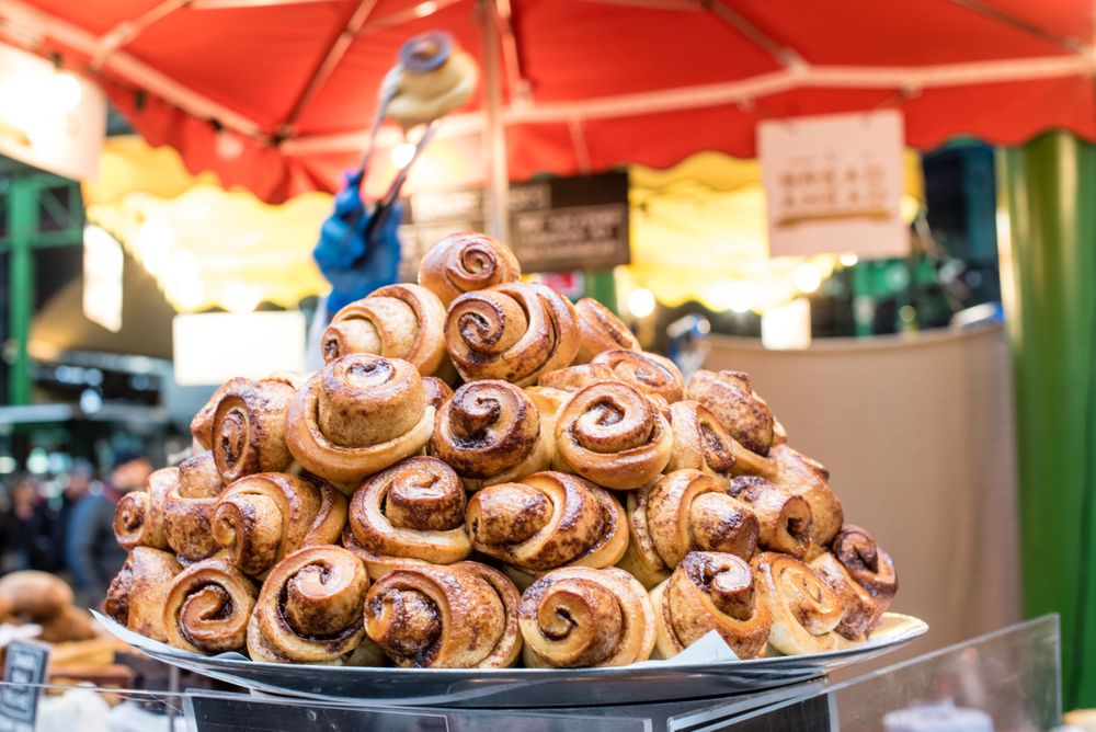 Cinnamon bun display at Borough Market, London