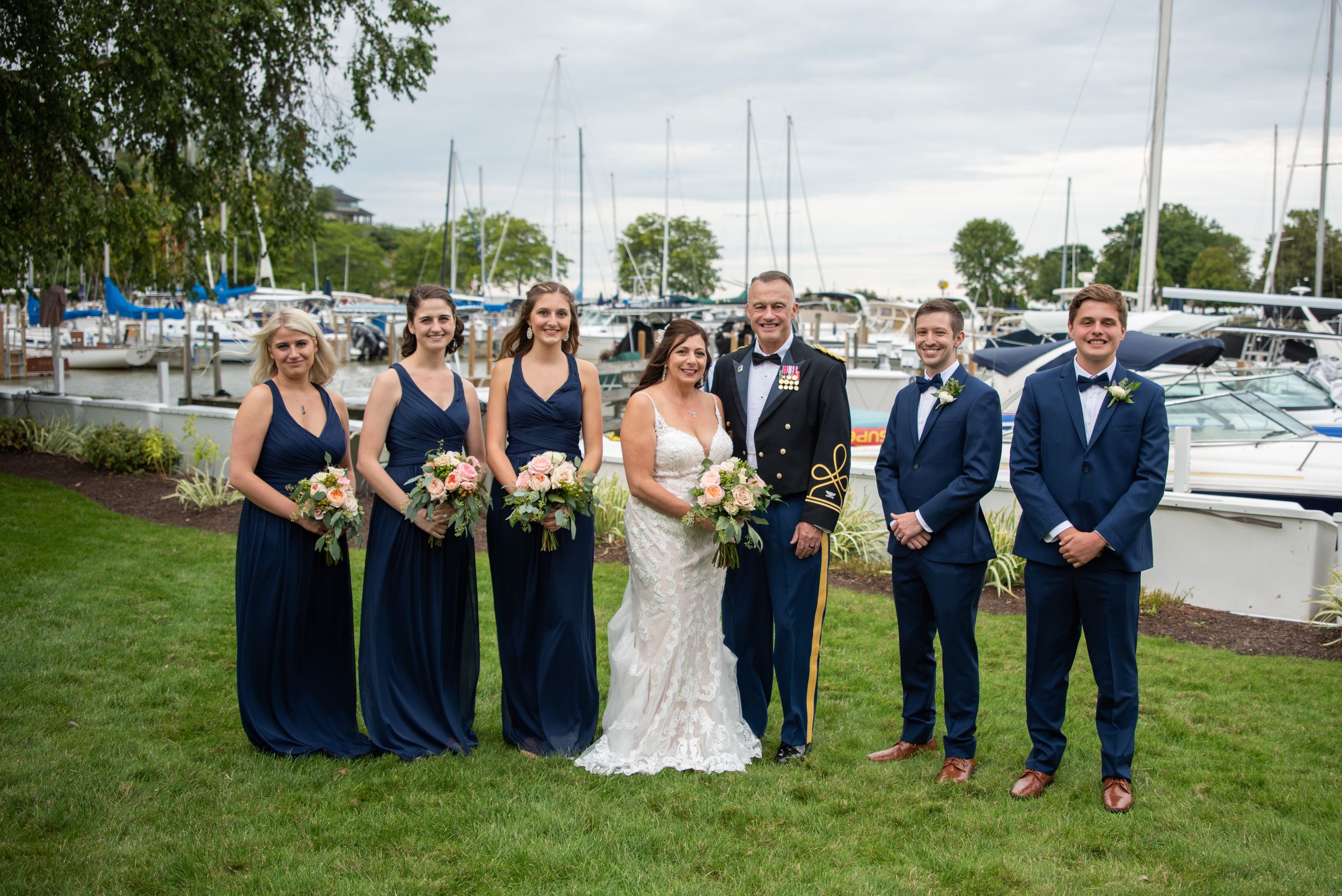 bridal party at outdoor wedding, Cleveland Yachting Club, Ohio