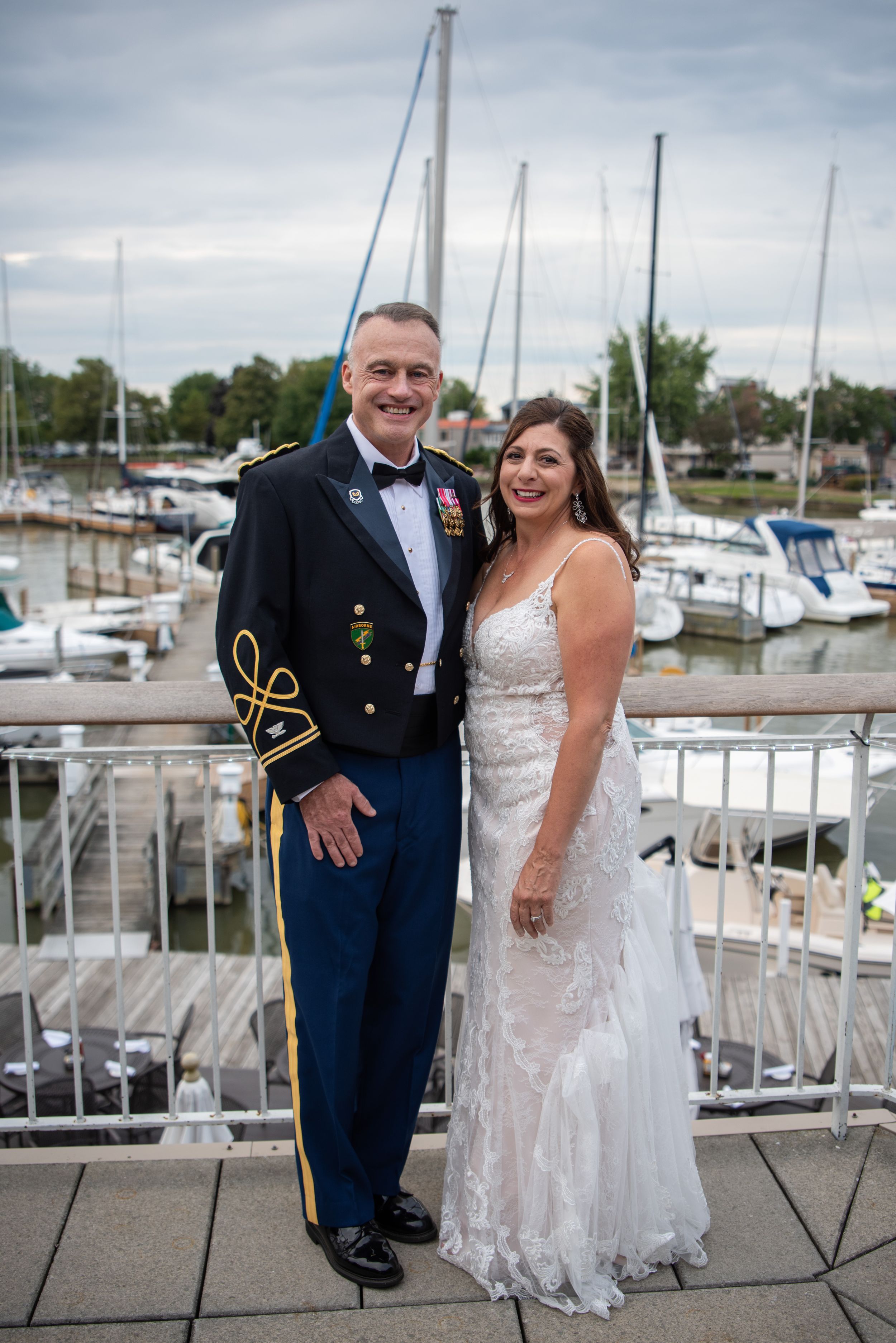 bride and groom on deck at outdoor wedding, Cleveland Yachting Club, Ohio