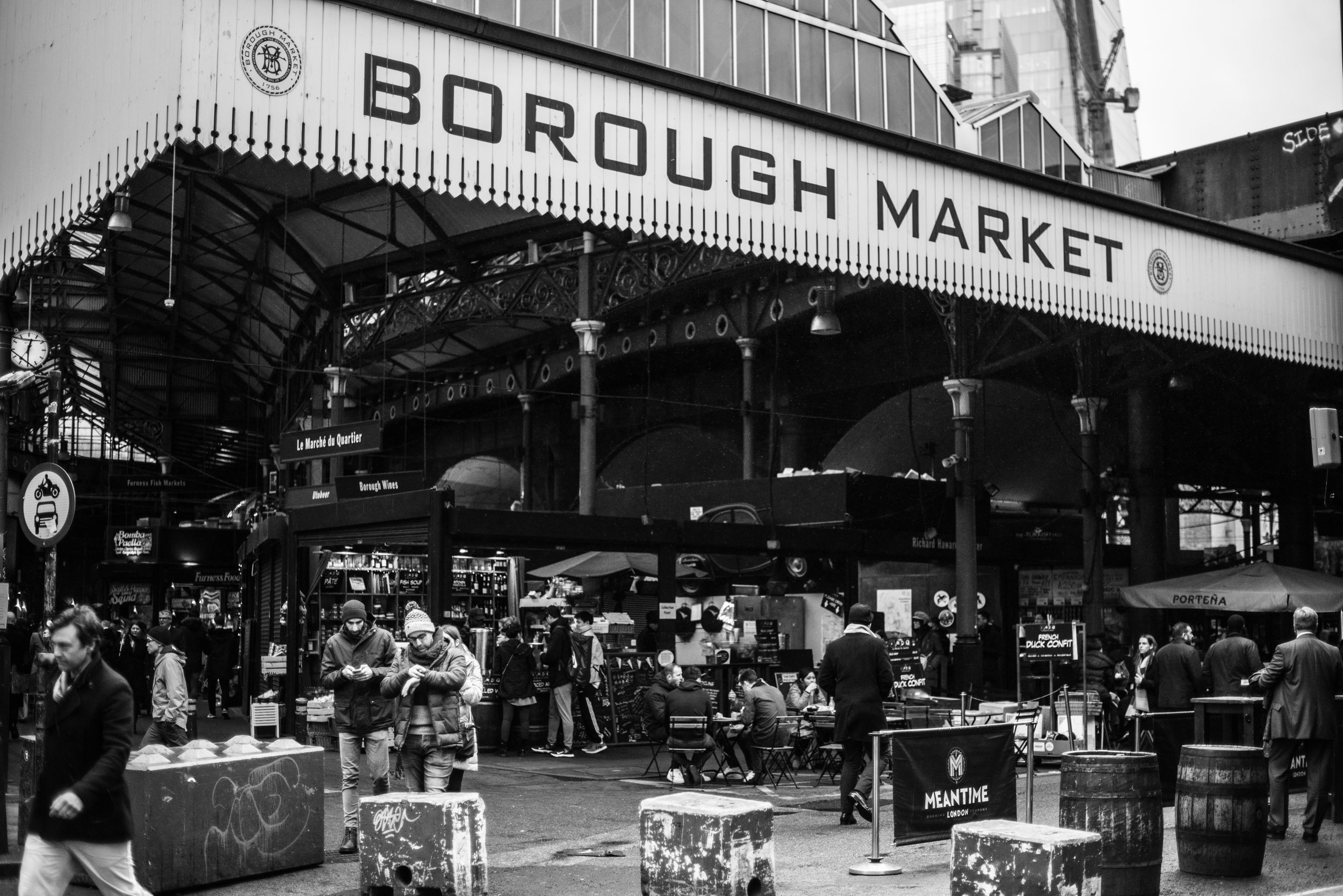 B&W image outside of Borough Market in London