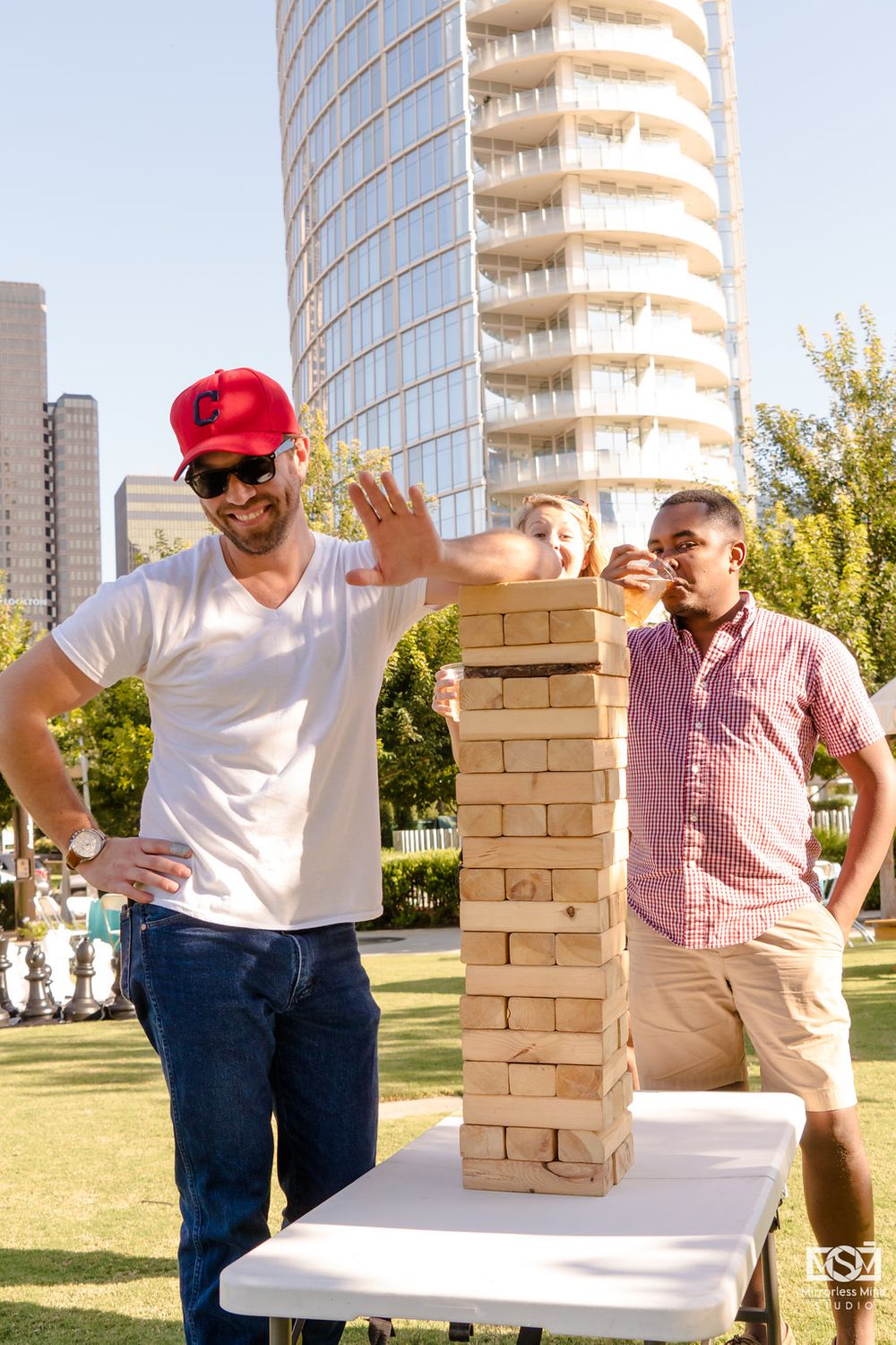cute guys jenga corporate picnic dallas texas