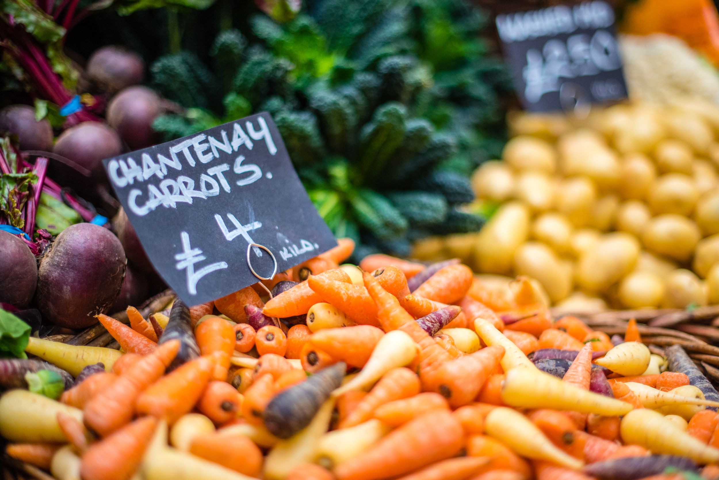 Chantenay carrots, beets, and potato display at Borough Market