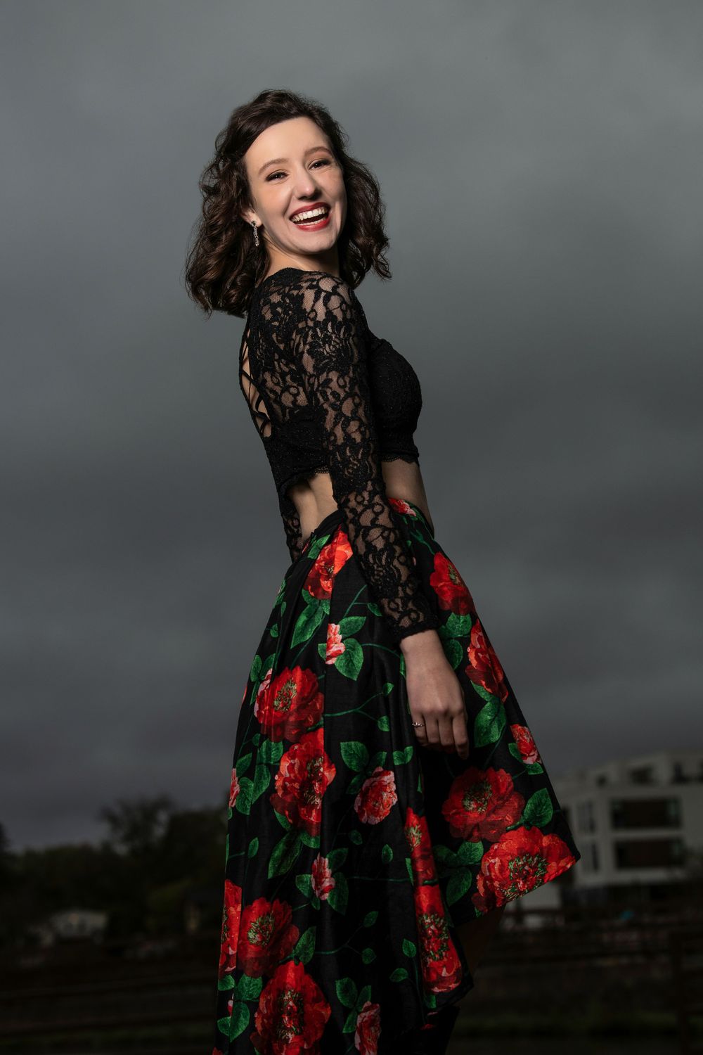 Floral prom dress, senior photos