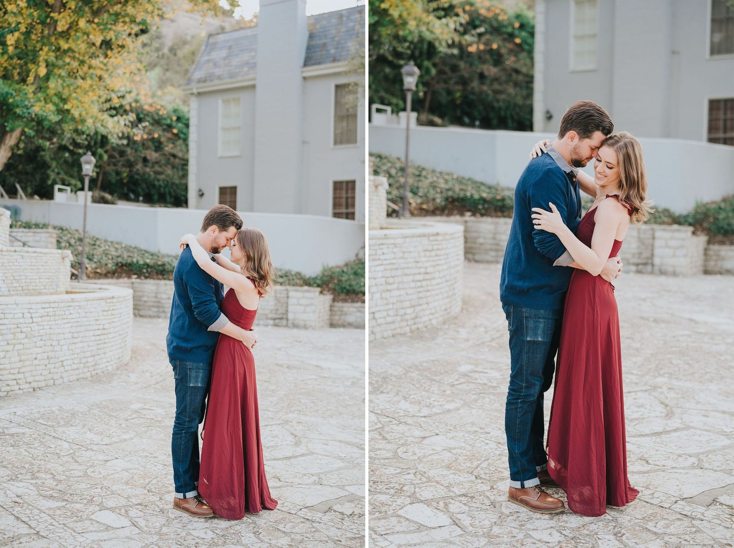 engagement photo near stone fountain