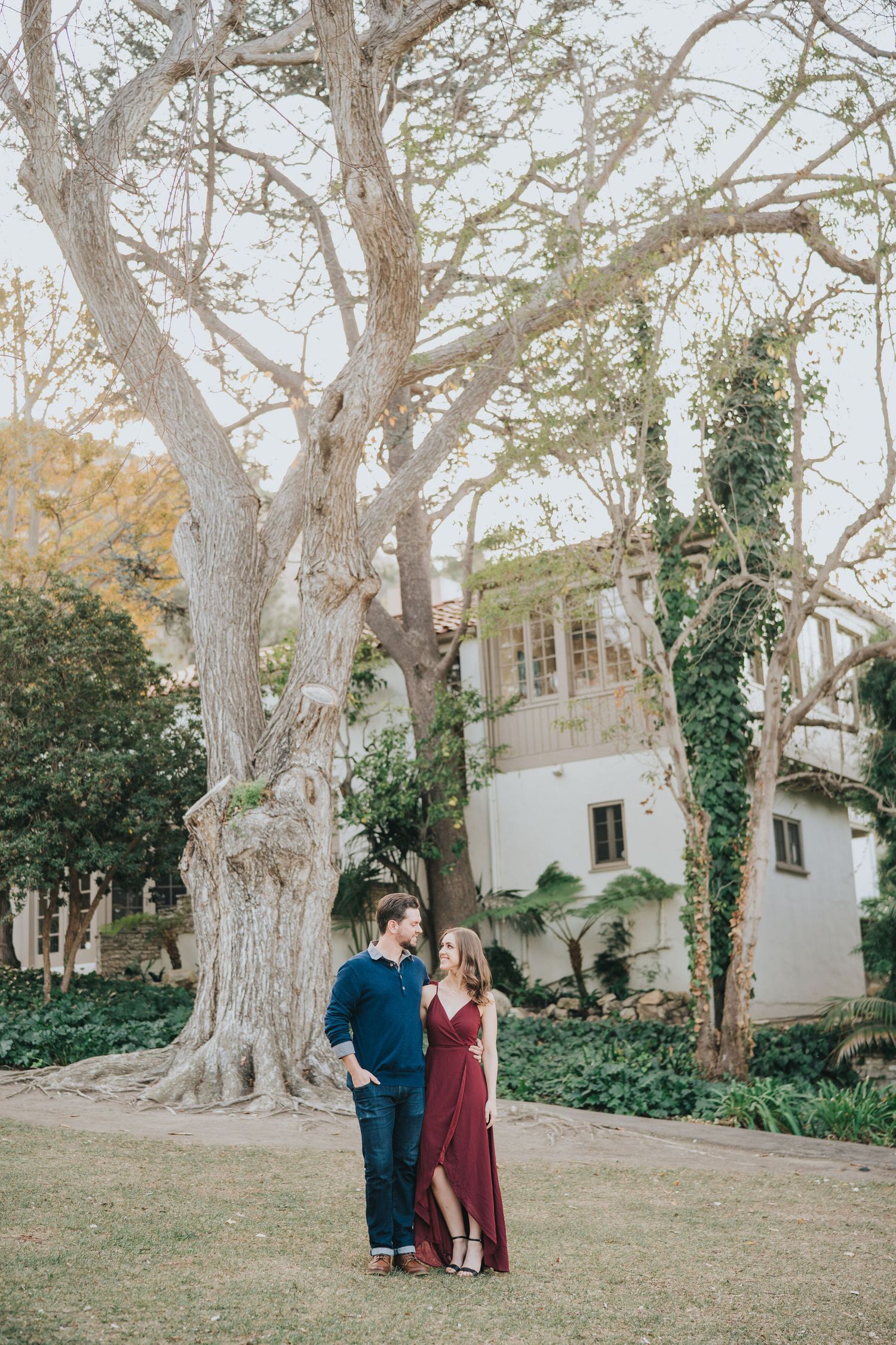 engagement photo in front of large tree