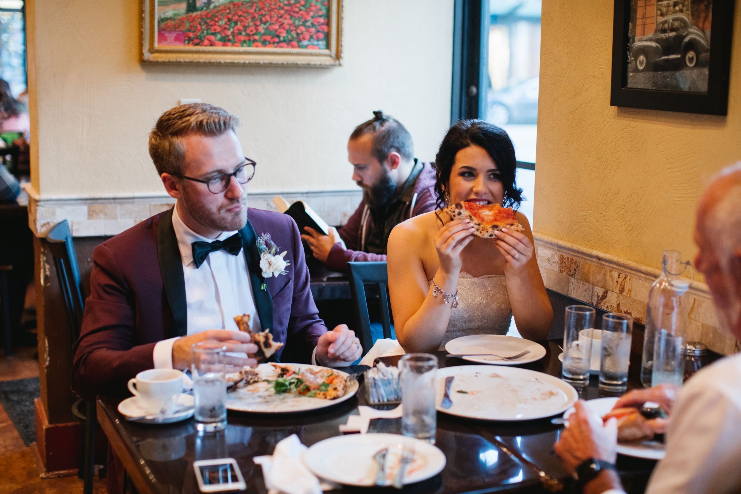 pizza wedding bride eating and laughing