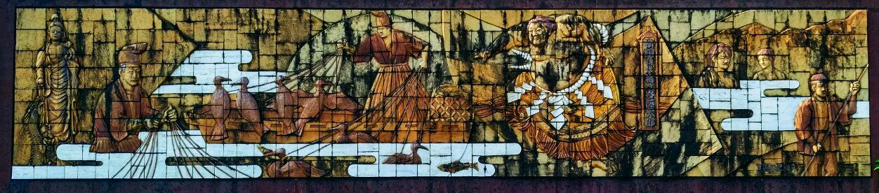 a mural showing local kami, or gods, from Saiga, Fukuoka, Japan