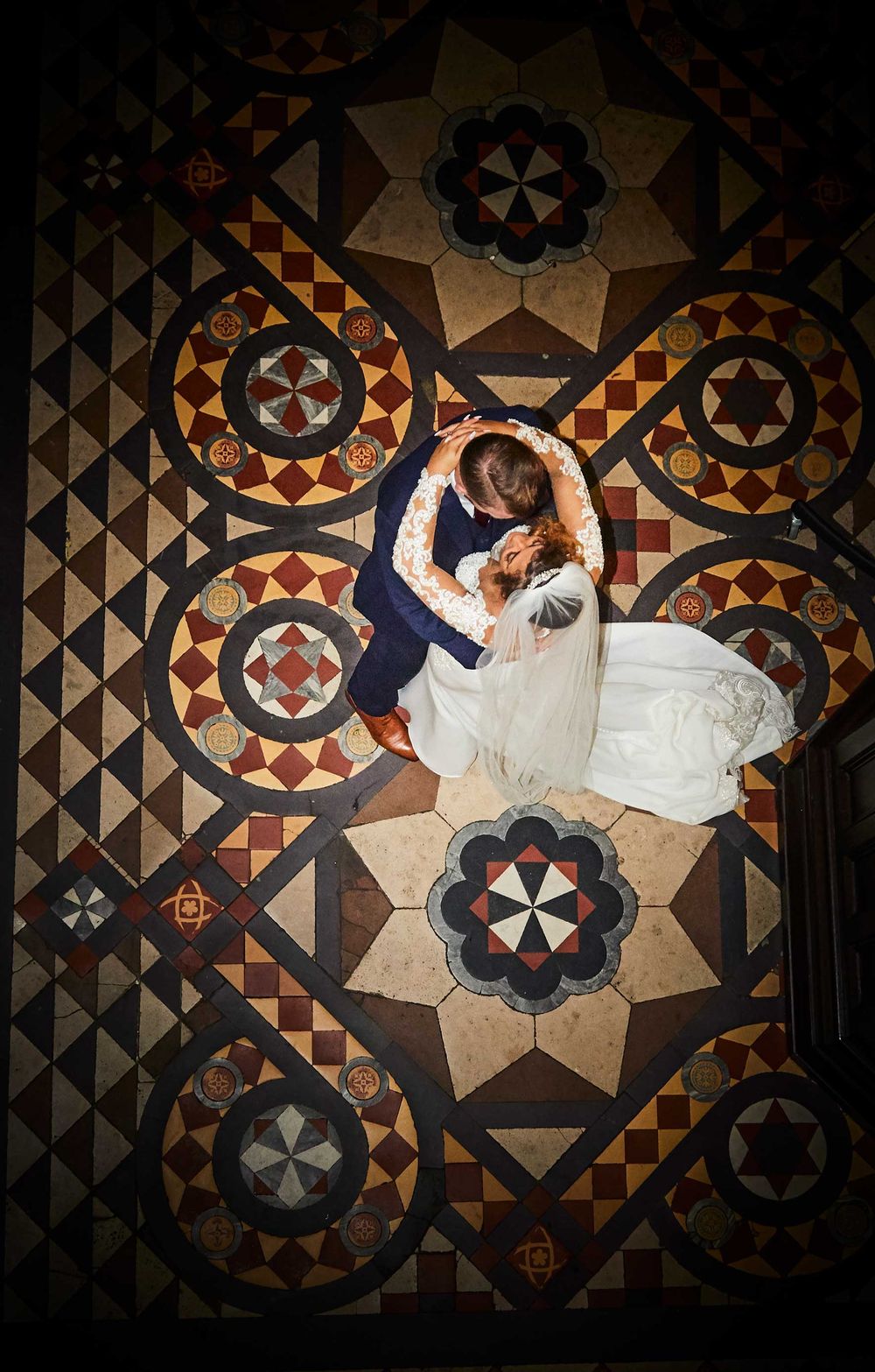 bride and groom shot from above