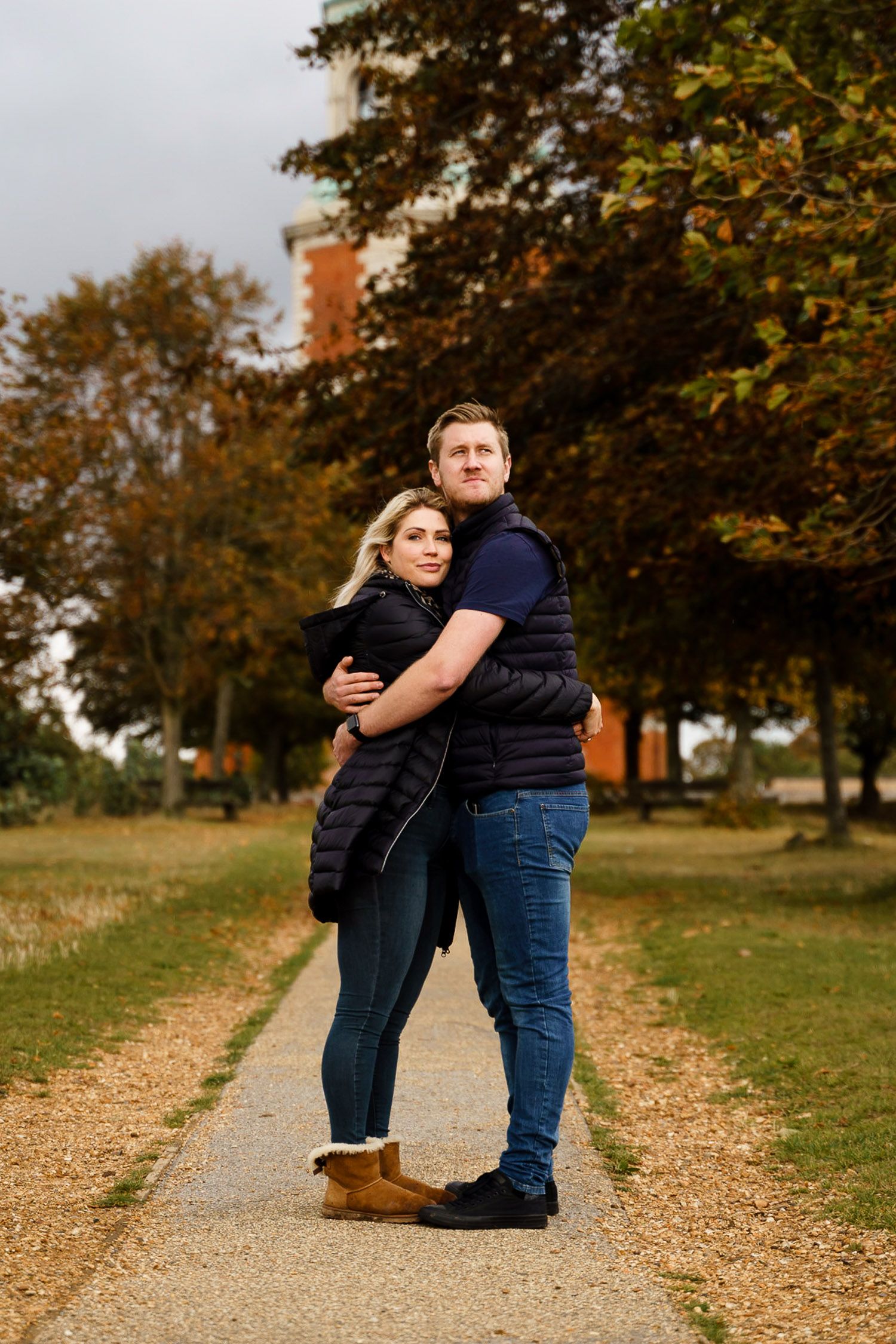 Full length portrait of a couple in Netley. Katherine and her Camera engagement photoshoot.