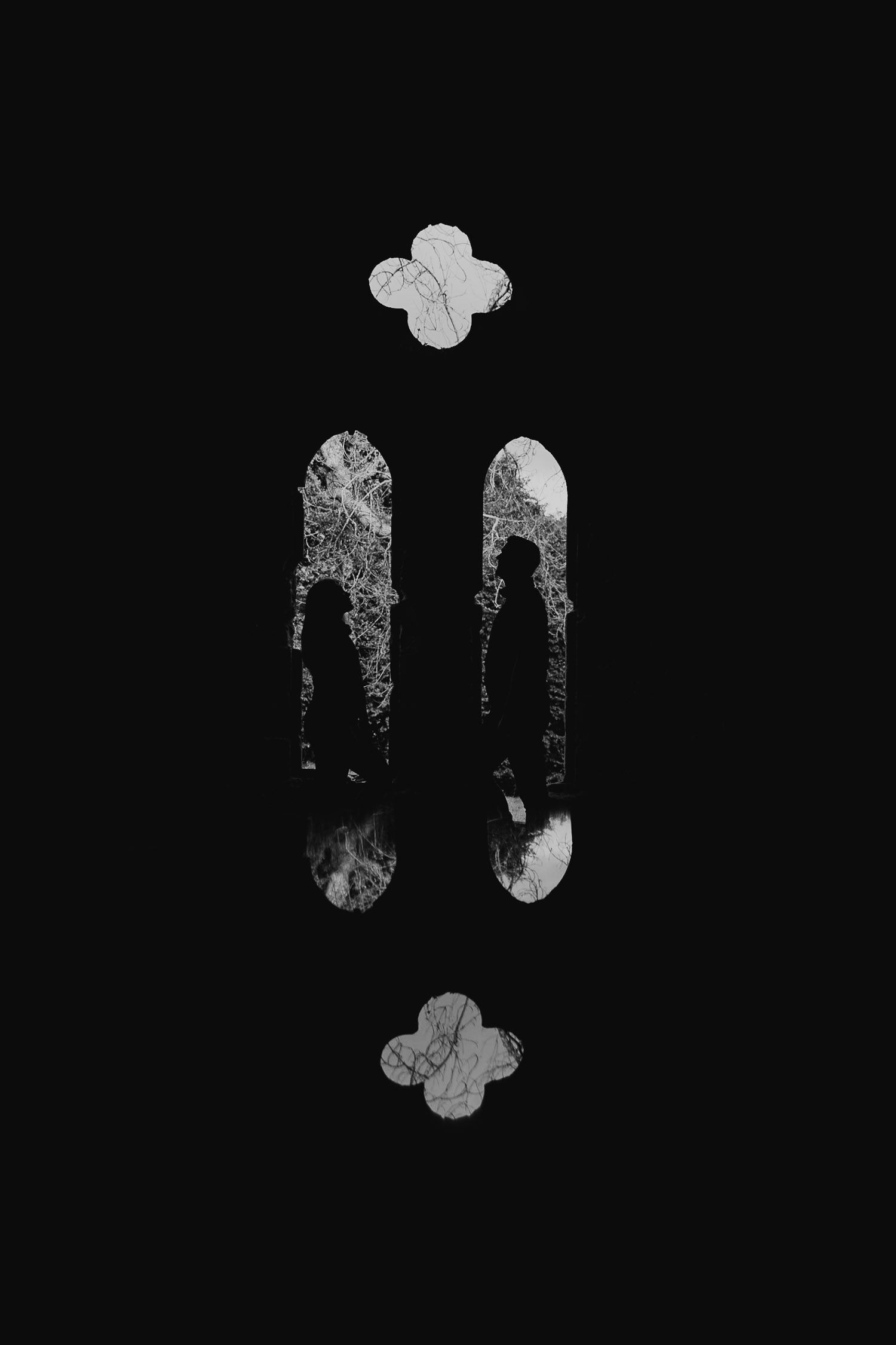 Black and white image of a couple silhouetted in the windows of Netley Abbey. Katherine and her Camera engagement photos