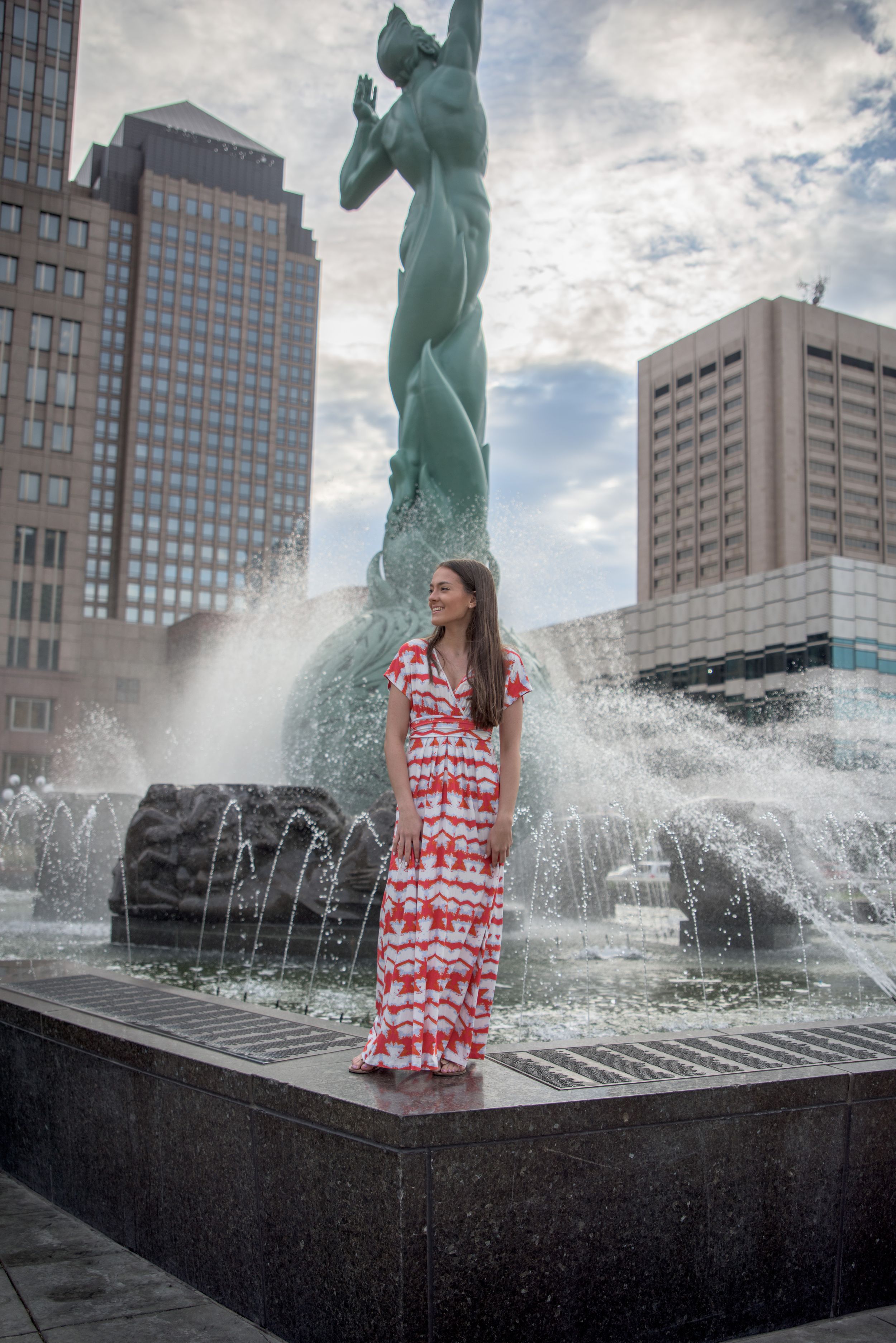 Malina (St Jospeh Academy Class of 2020) in front of Fountain of Eternal Life, Cleveland, Ohio