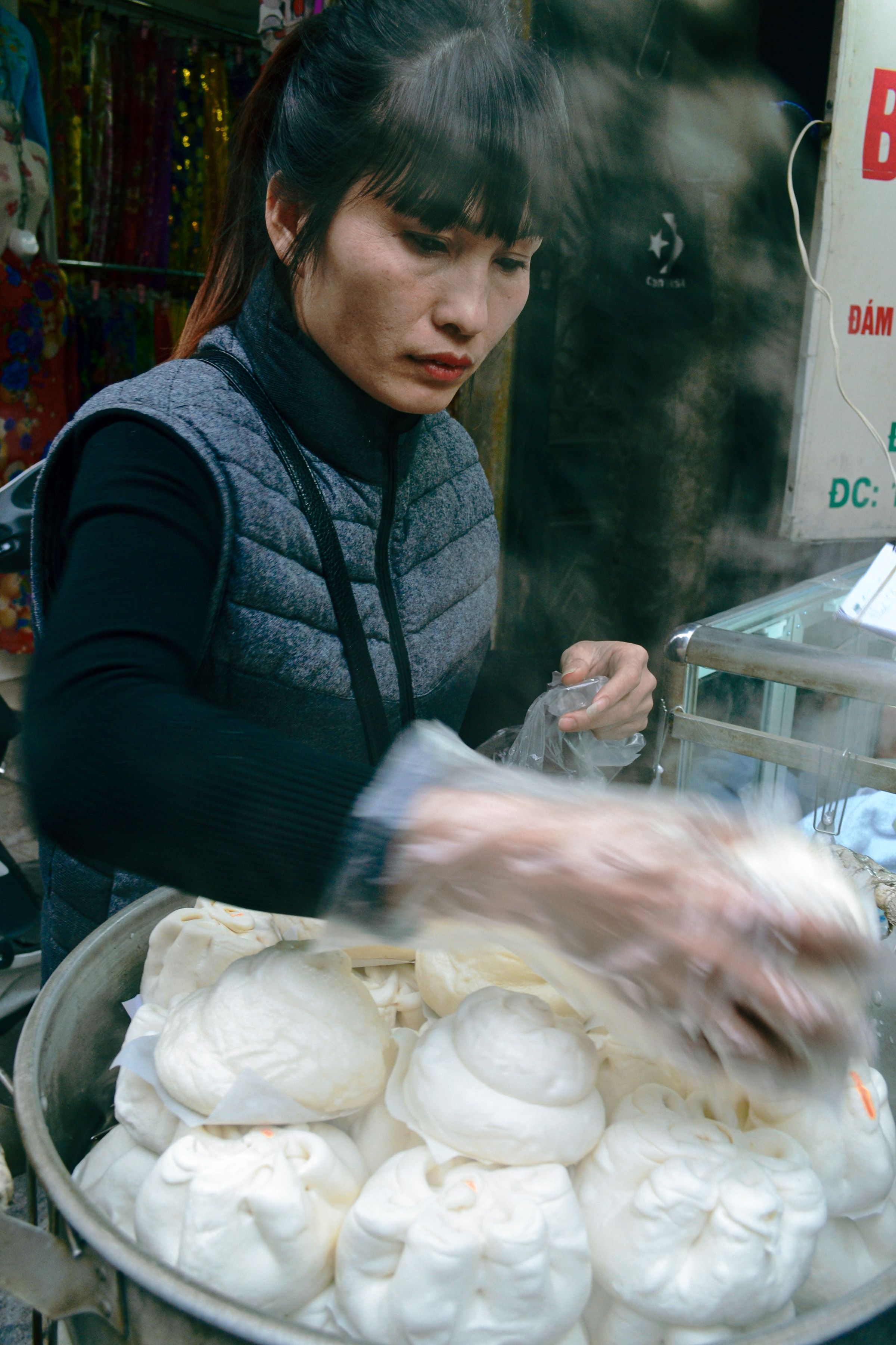 Steaming hot Banh Bao - vendor, Hanoi, Vietnam.