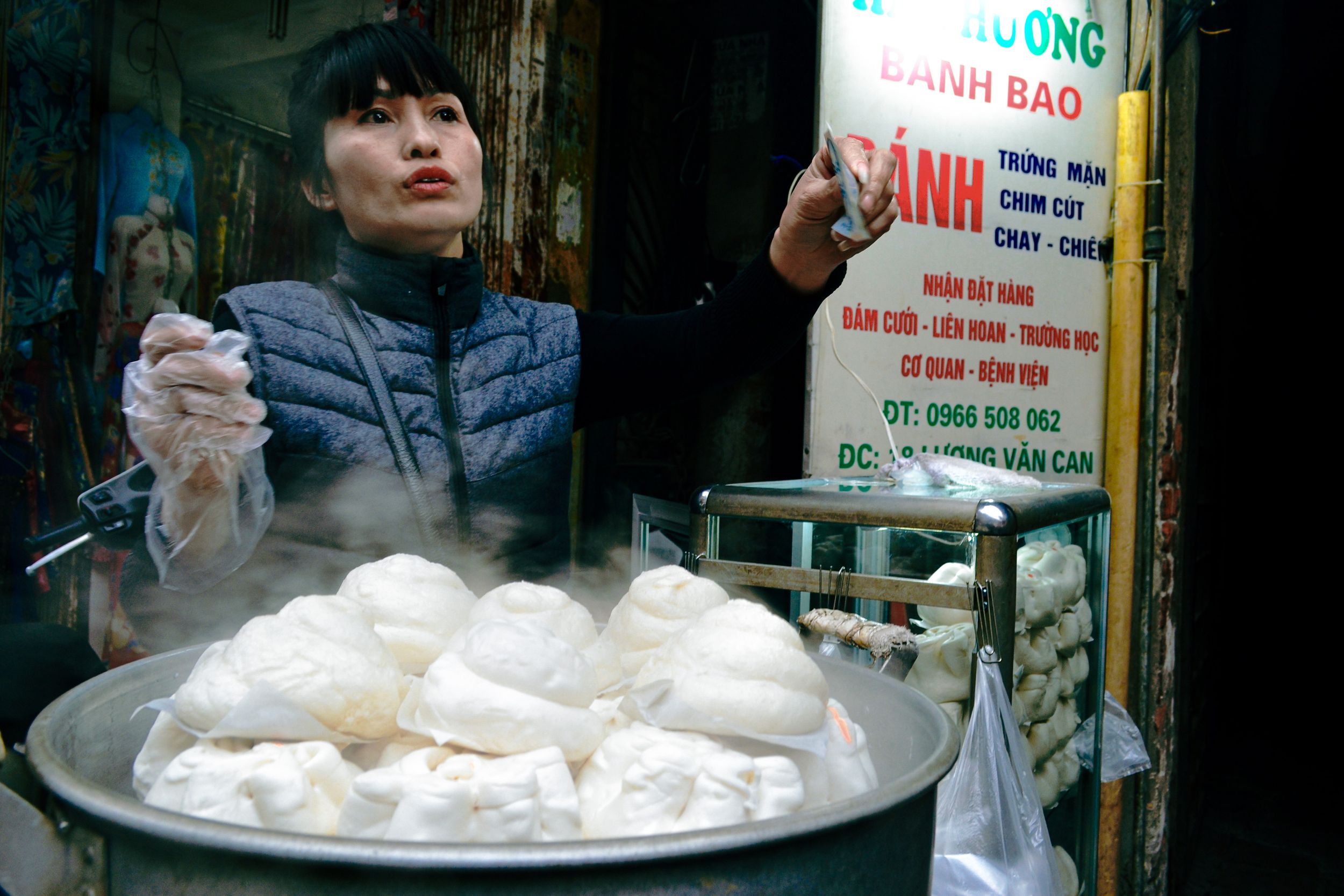 Steaming hot Banh Bao - vendor, Hanoi, Vietnam.
