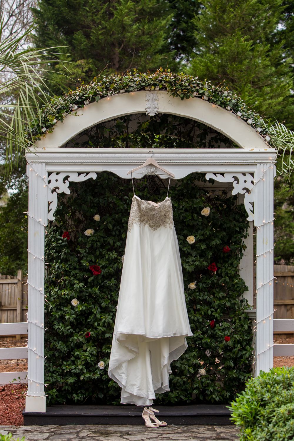 A bridal dress hanging at Winter Green Woods in Lexington, SC